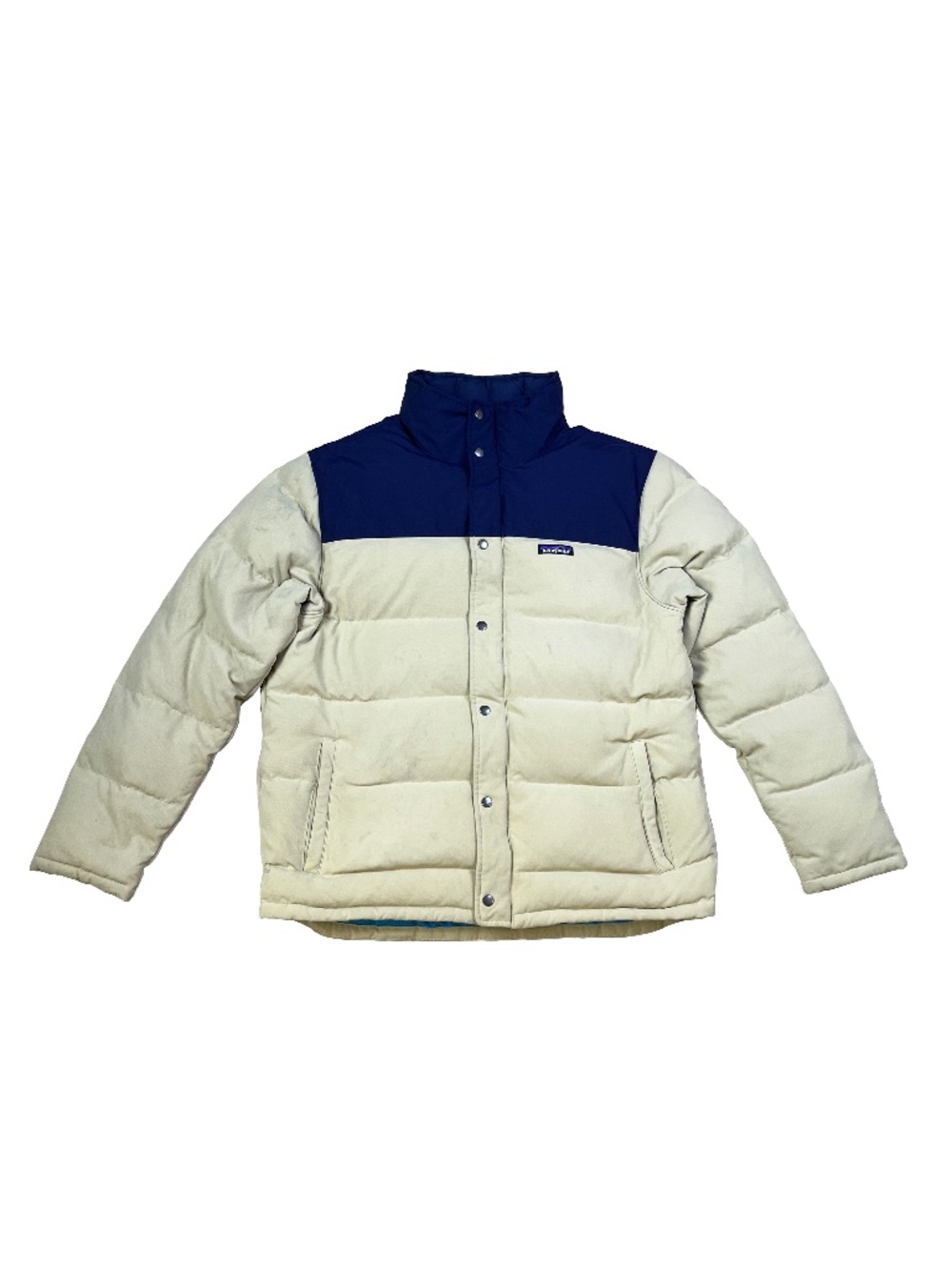 Patagonia Bivy Down Puffer Jacket 600-Fill Full Zip Pockets Beige Blue